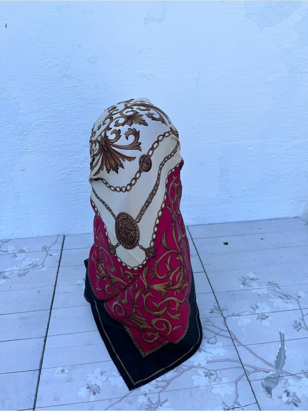 Adrienne Landau Cream and Burgundy Ornate Silk Scarf
